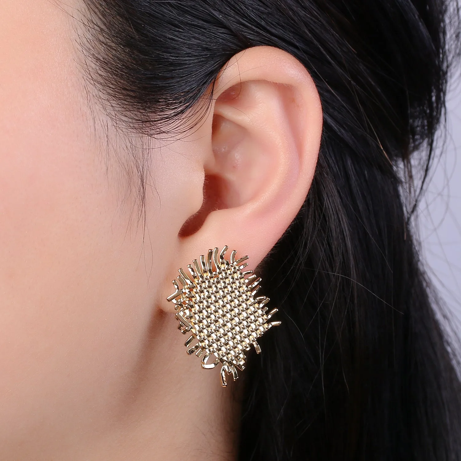 Golden Honey Comb Webbing Braid Studs Earring, Plain Gold Geometric Rectangle Nature Braid Shape Earring Jewelry GP-888