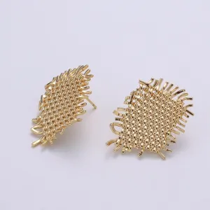 Golden Honey Comb Webbing Braid Studs Earring, Plain Gold Geometric Rectangle Nature Braid Shape Earring Jewelry GP-888