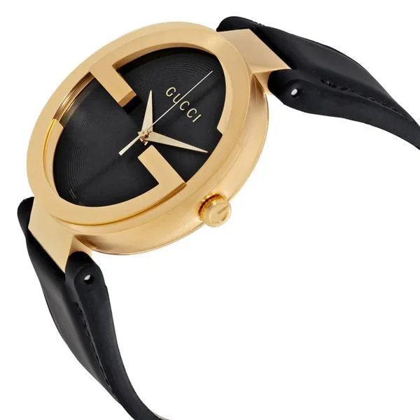 Gucci Interlocking Black Leather Black Dial Quartz Watch for Gents - YA133212