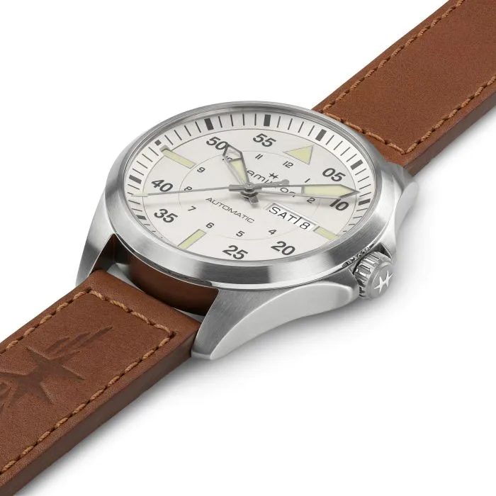Hamilton Khaki Aviation Pilot Day Date Auto Silver on Leather