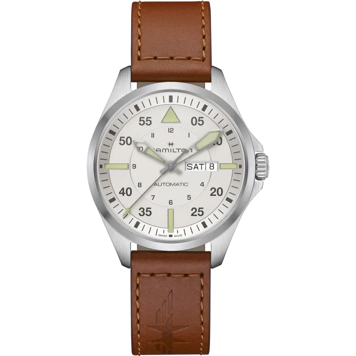 Hamilton Khaki Aviation Pilot Day Date Auto Silver on Leather