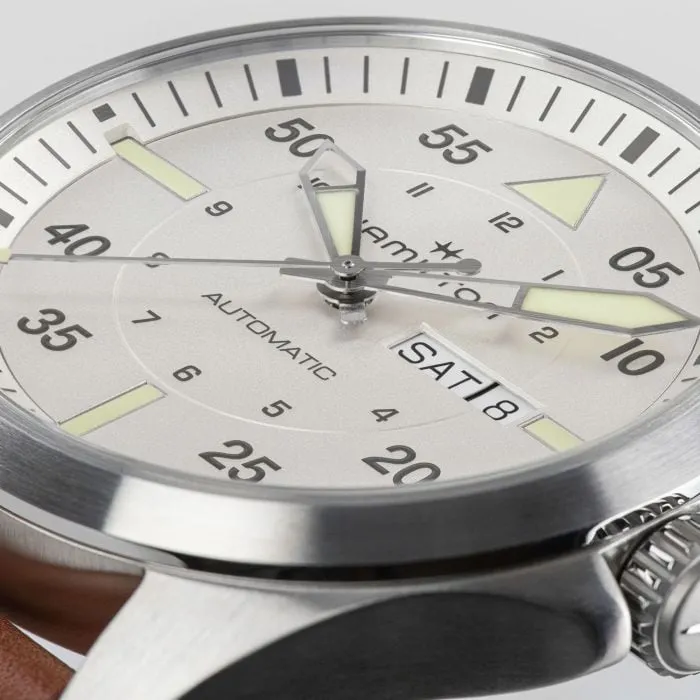 Hamilton Khaki Aviation Pilot Day Date Auto Silver on Leather