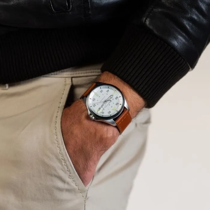 Hamilton Khaki Aviation Pilot Day Date Auto Silver on Leather