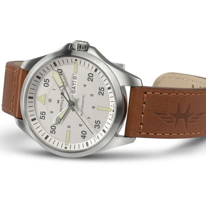 Hamilton Khaki Aviation Pilot Day Date Auto Silver on Leather
