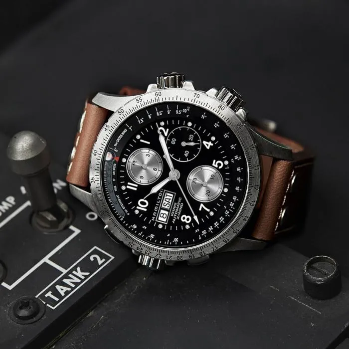 Hamilton Khaki Aviation X-Wind Auto Chrono on leather