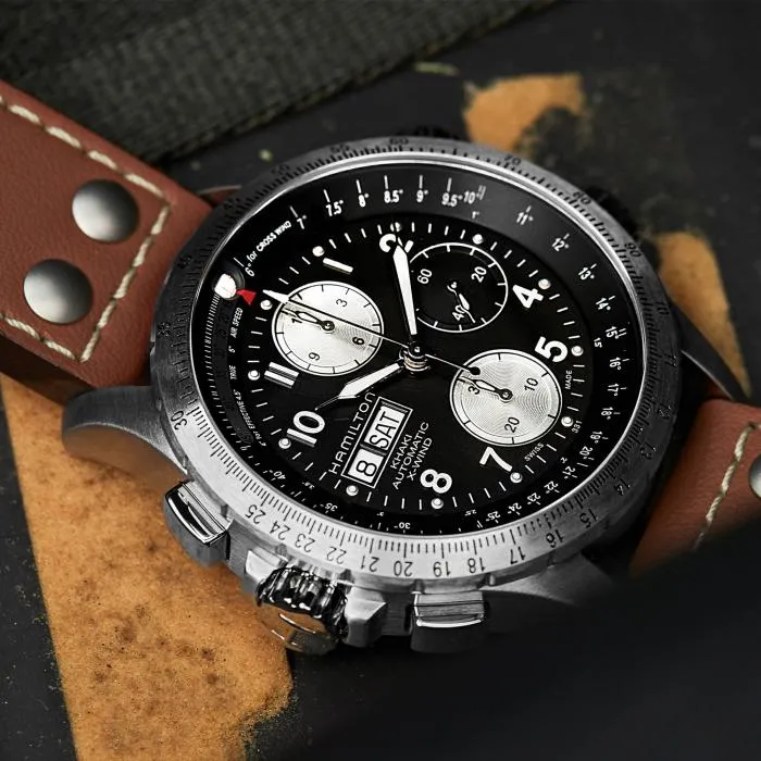 Hamilton Khaki Aviation X-Wind Auto Chrono on leather