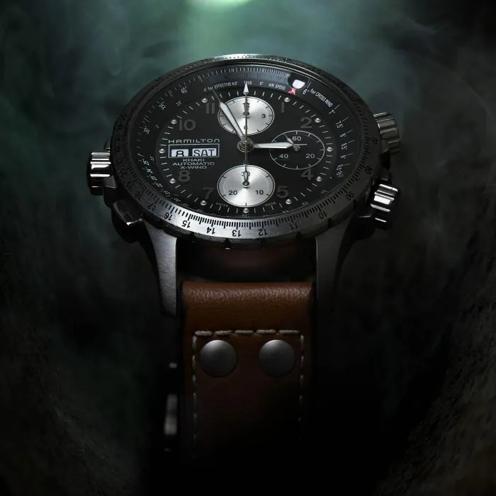 Hamilton Khaki Aviation X-Wind Auto Chrono on leather