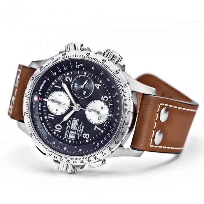 Hamilton Khaki Aviation X-Wind Auto Chrono on leather