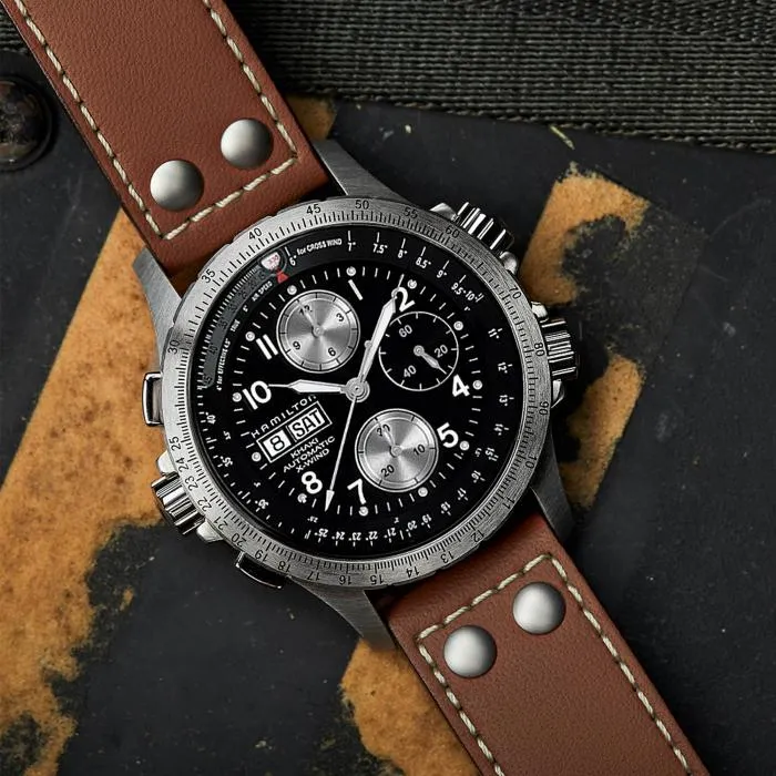 Hamilton Khaki Aviation X-Wind Auto Chrono on leather