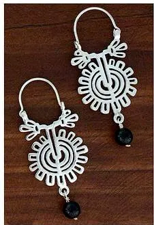 Handmade Floral Earrings, Mexican Silver & Onyx