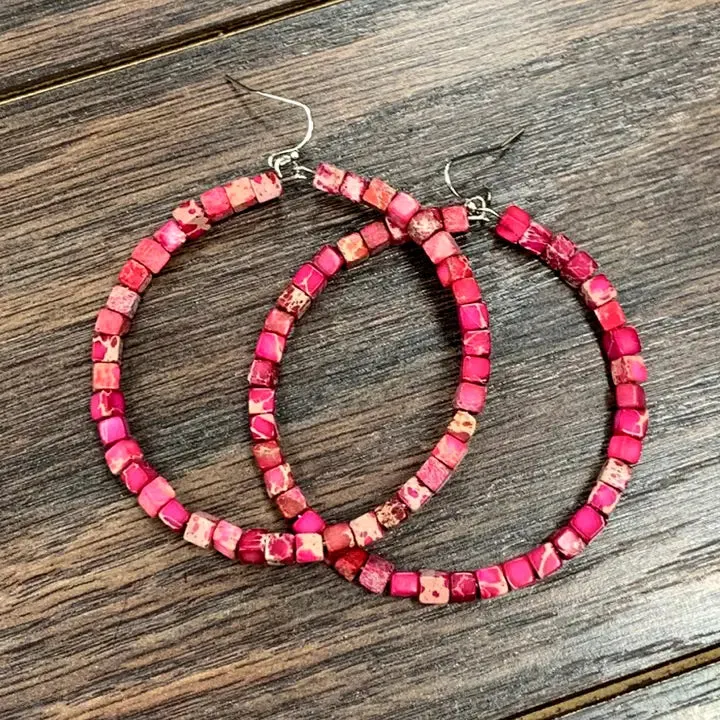 Handmade Square Gemstone Hoop Earrings