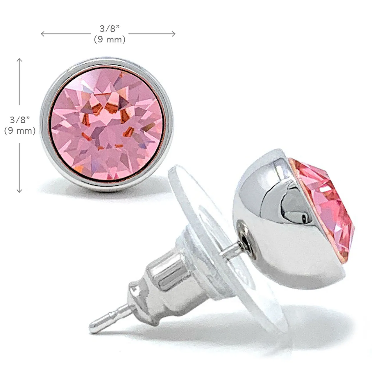 Harley Stud Earrings with Pink Light Rose Round Crystals from Swarovski Silver Toned Rhodium Plated