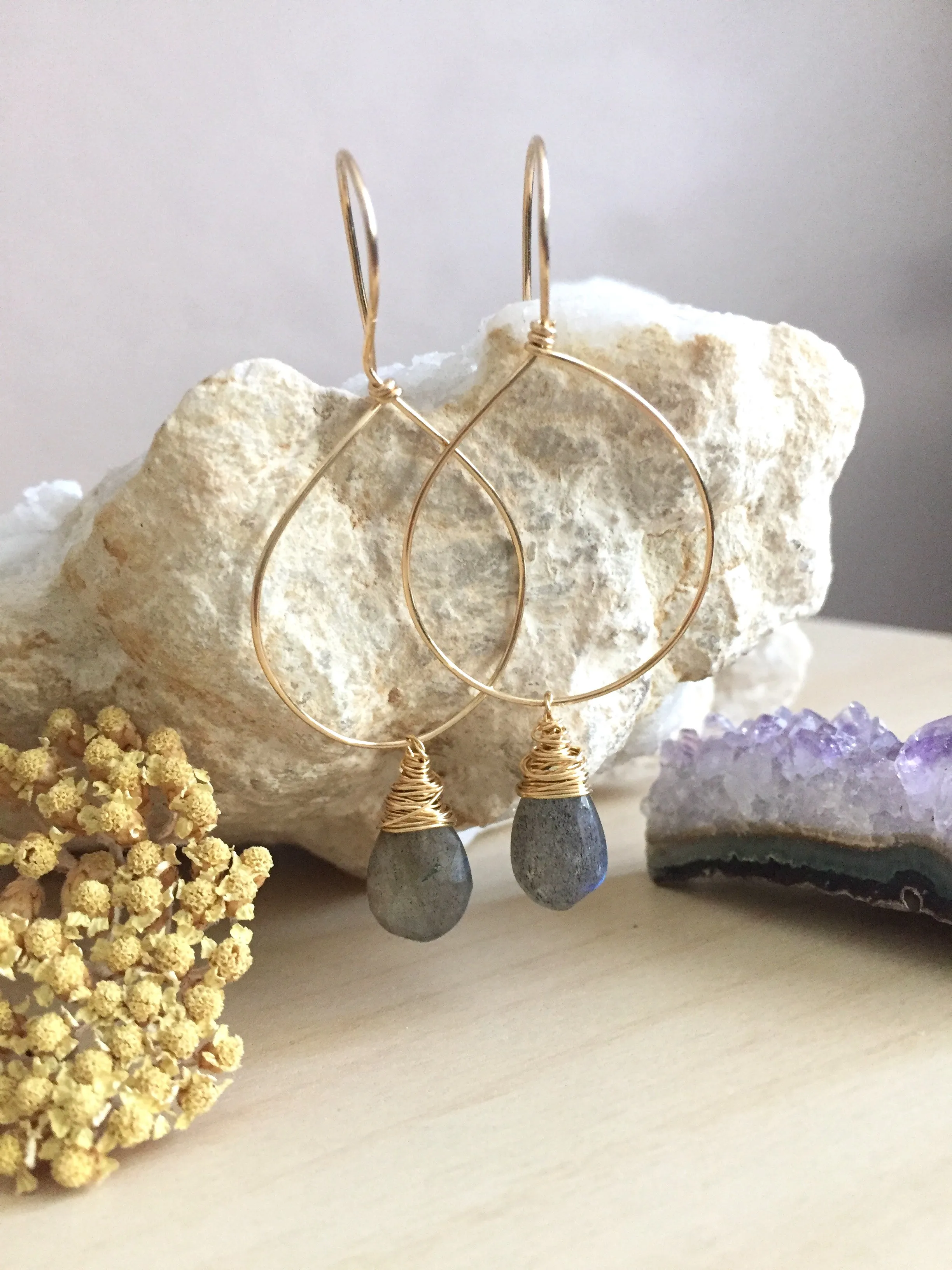 Hoop Earrings with Labradorite Drop - Gold fill or Sterling Silver