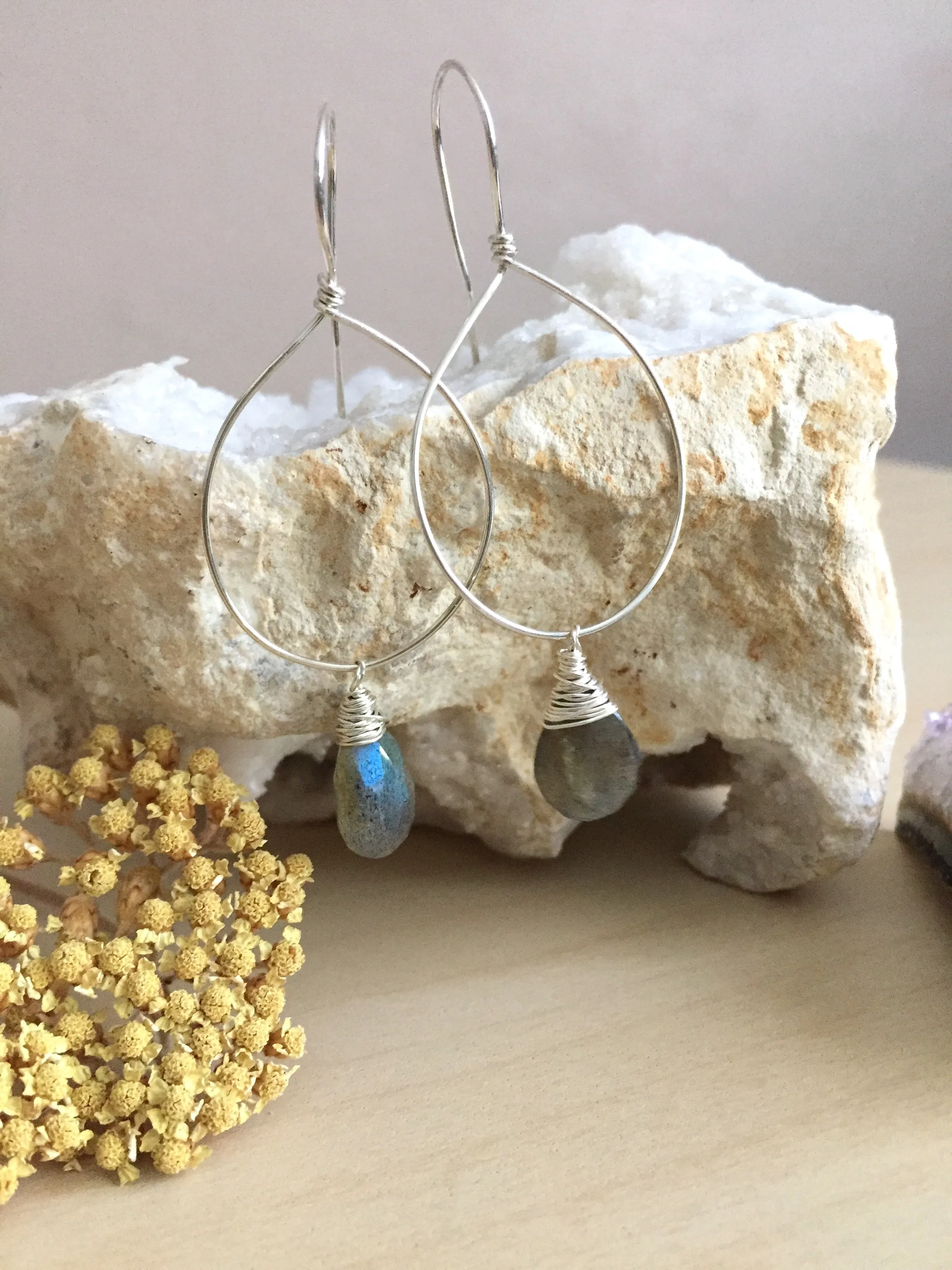 Hoop Earrings with Labradorite Drop - Gold fill or Sterling Silver