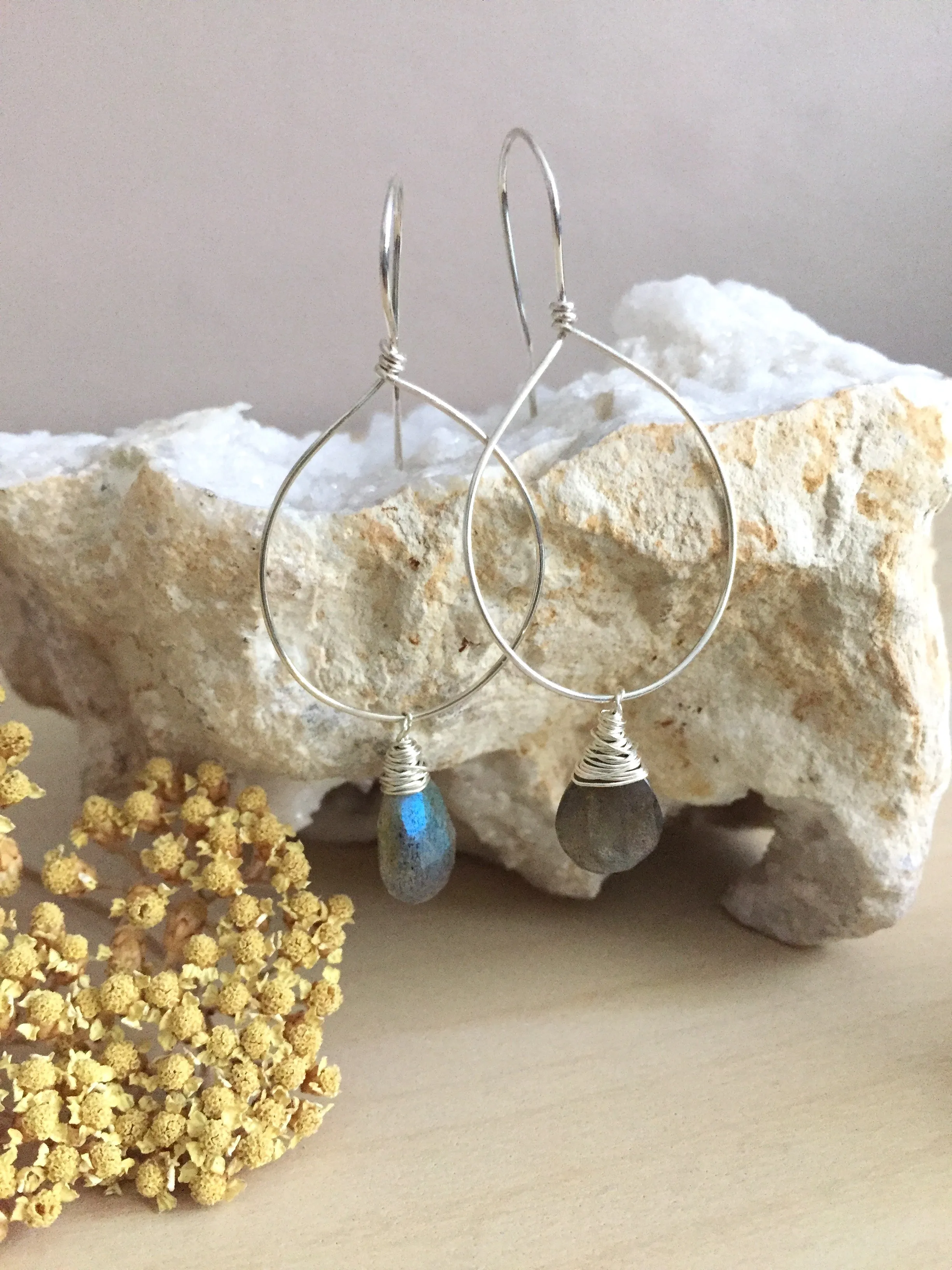 Hoop Earrings with Labradorite Drop - Gold fill or Sterling Silver