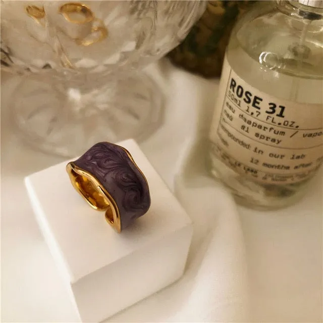HUANZHI 2020 New Geometry Irregular Colorful Enamel Dripping Oil Metal Width Ring for Women Girls Party Trendy Jewelry Gift