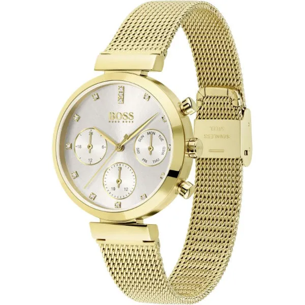 HUGO BOSS Flawless Gold Mesh Bracelet Silver Dial Chronograph Quartz Watch for Ladies - 1502552