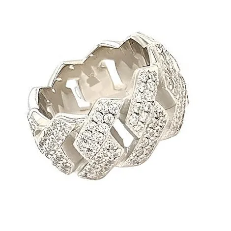 Iced Out Sterling Silver Cuban Link Ring with Sparkling Cubic Zirconia - C103759