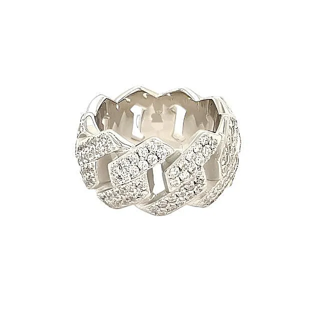Iced Out Sterling Silver Cuban Link Ring with Sparkling Cubic Zirconia - C103759