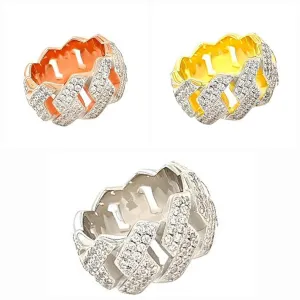 Iced Out Sterling Silver Cuban Link Ring with Sparkling Cubic Zirconia - C103759