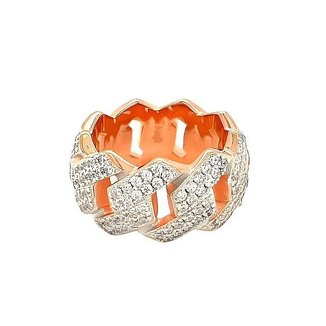 Iced Out Sterling Silver Cuban Link Ring with Sparkling Cubic Zirconia - C103759