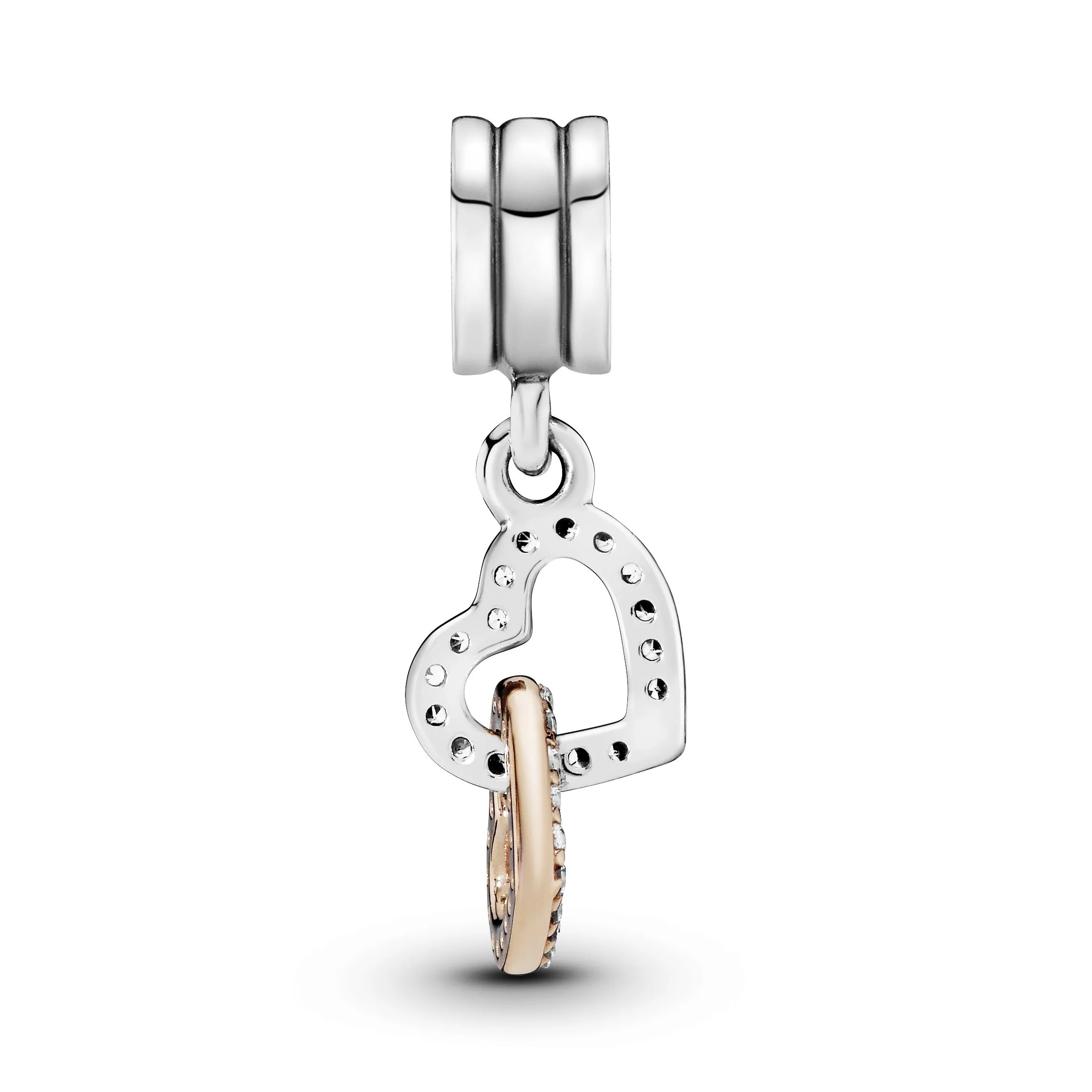 Interlocked hearts silver dangle with 14k and clear cubic zirconia