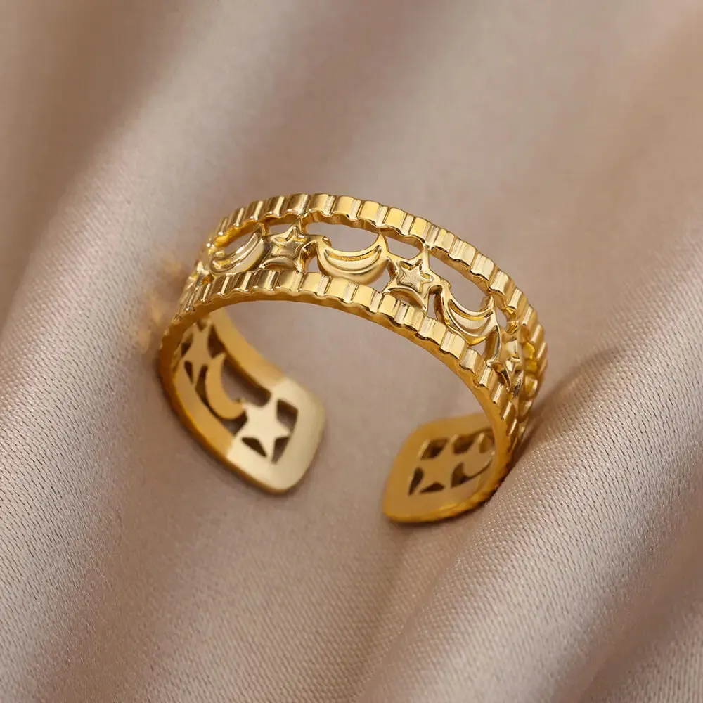 Irregular Hollow Opening Rings For Women Stainless Steel Gold Color Geometric Ring Fashion Simple Party Christmas Jewelry Gift