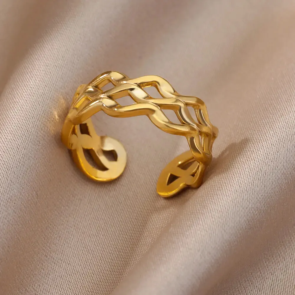 Irregular Hollow Opening Rings For Women Stainless Steel Gold Color Geometric Ring Fashion Simple Party Christmas Jewelry Gift