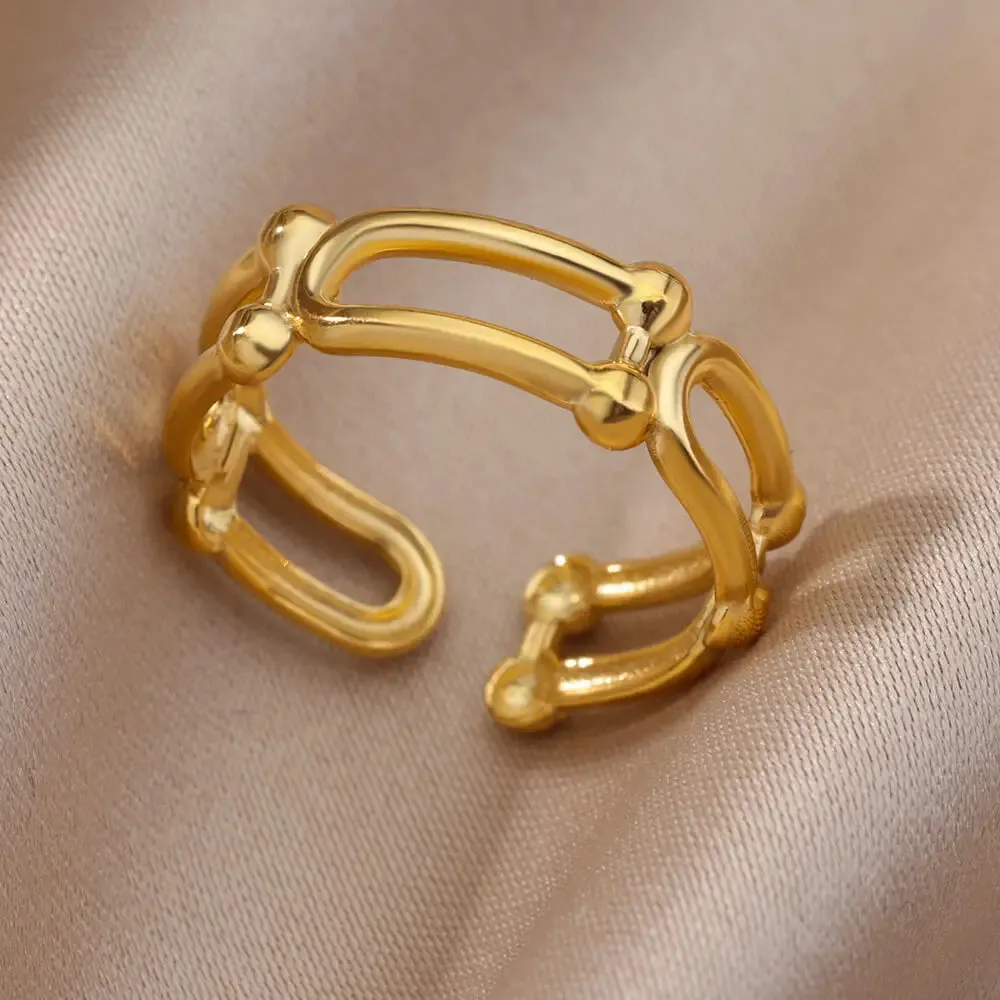 Irregular Hollow Opening Rings For Women Stainless Steel Gold Color Geometric Ring Fashion Simple Party Christmas Jewelry Gift