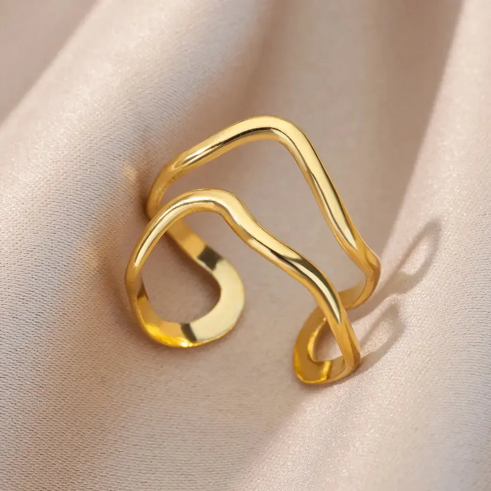 Irregular Hollow Opening Rings For Women Stainless Steel Gold Color Geometric Ring Fashion Simple Party Christmas Jewelry Gift