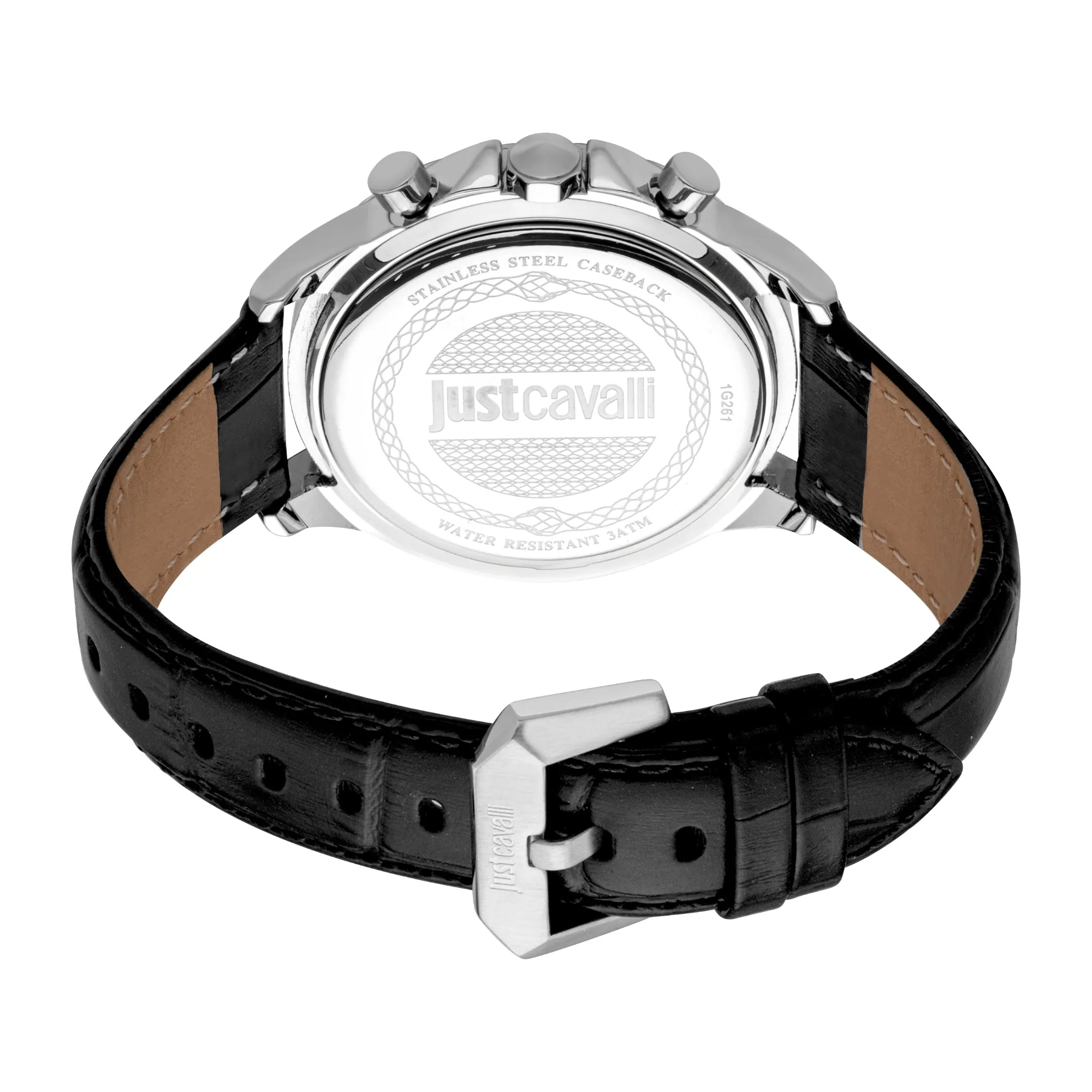 Just Cavalli Young Gents Blue Dial Stainless Steel Silver Case Black Leather Starp Watch
