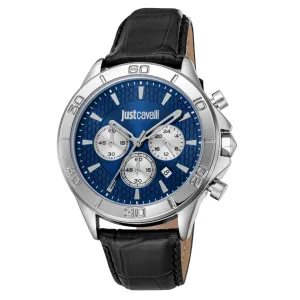 Just Cavalli Young Gents Blue Dial Stainless Steel Silver Case Black Leather Starp Watch