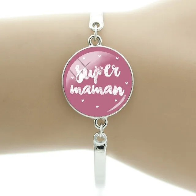 JWEIJIAO Merci maitresse Bracelet 20mm Glass Dome Super Maman Charms Chain Bangles For Mothers Teachers' Day Gift MM109