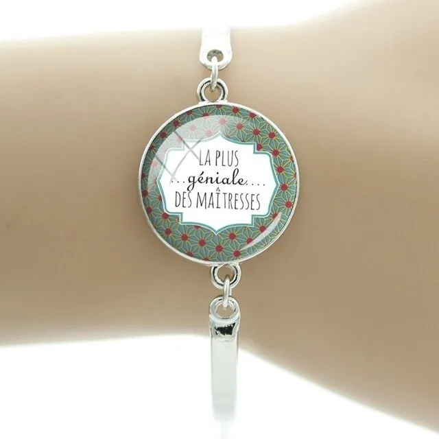 JWEIJIAO Merci maitresse Bracelet 20mm Glass Dome Super Maman Charms Chain Bangles For Mothers Teachers' Day Gift MM109
