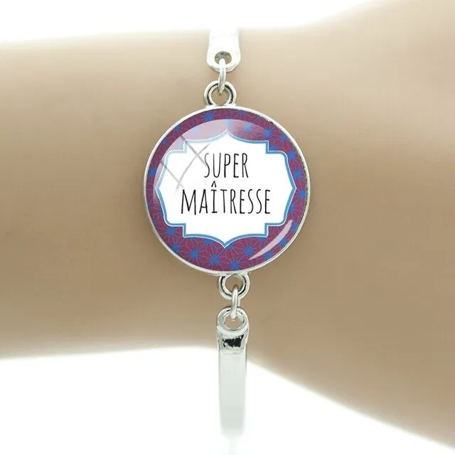 JWEIJIAO Merci maitresse Bracelet 20mm Glass Dome Super Maman Charms Chain Bangles For Mothers Teachers' Day Gift MM109