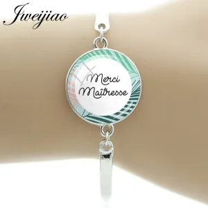 JWEIJIAO Merci maitresse Bracelet 20mm Glass Dome Super Maman Charms Chain Bangles For Mothers Teachers' Day Gift MM109