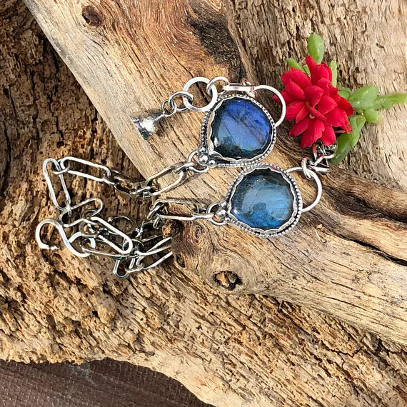 Labradorite and succulent hand stamped chain sterling silver bracelet