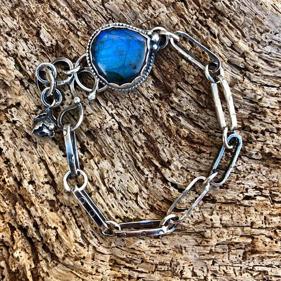 Labradorite and succulent hand stamped chain sterling silver bracelet