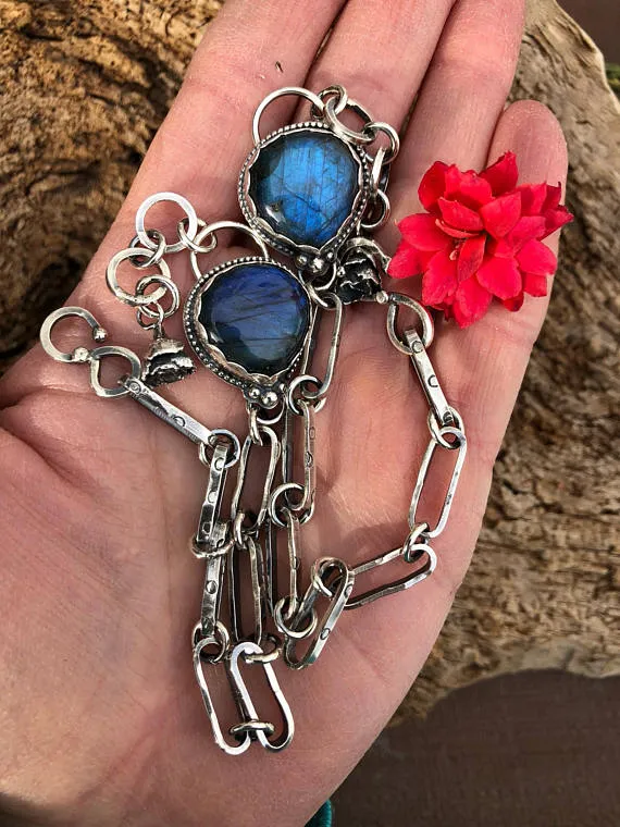 Labradorite and succulent hand stamped chain sterling silver bracelet