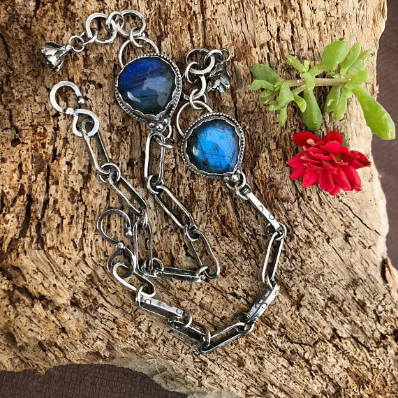 Labradorite and succulent hand stamped chain sterling silver bracelet
