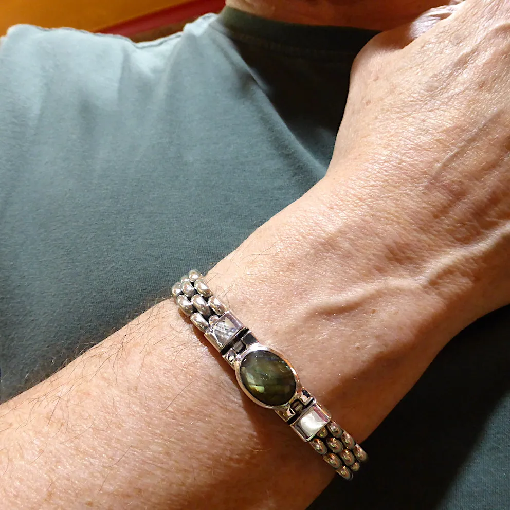 Labradorite Bracelet, Faceted Oval, Heavy Links, 925 Sterlng Silver