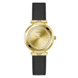 Ladies Gold Case & Dial Watch With Black Leather Strap