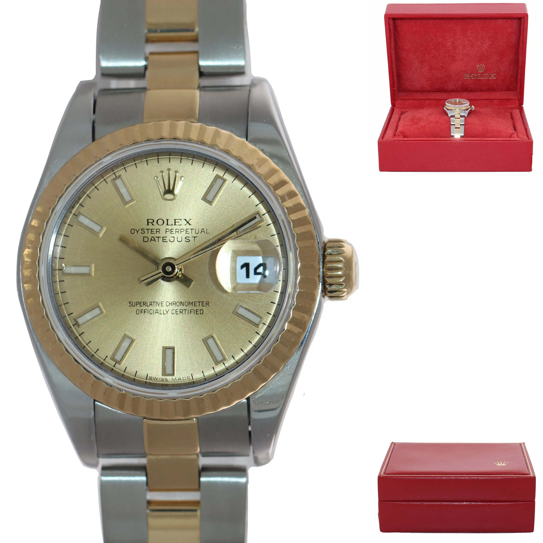 Ladies Rolex DateJust 79173 Champagne Oyster Two-Tone Gold 26mm Watch Box