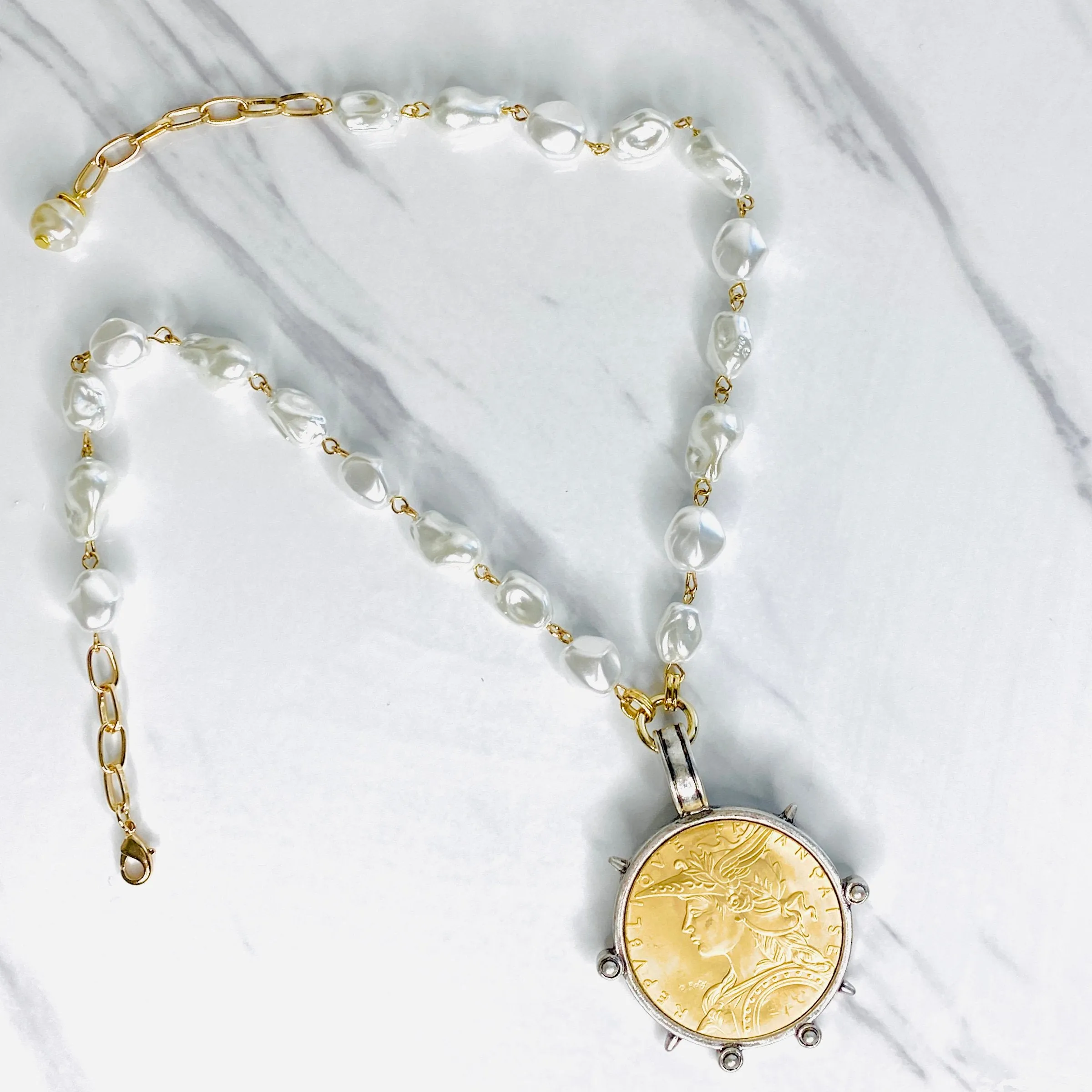 Large French Coin and Pearl Necklace