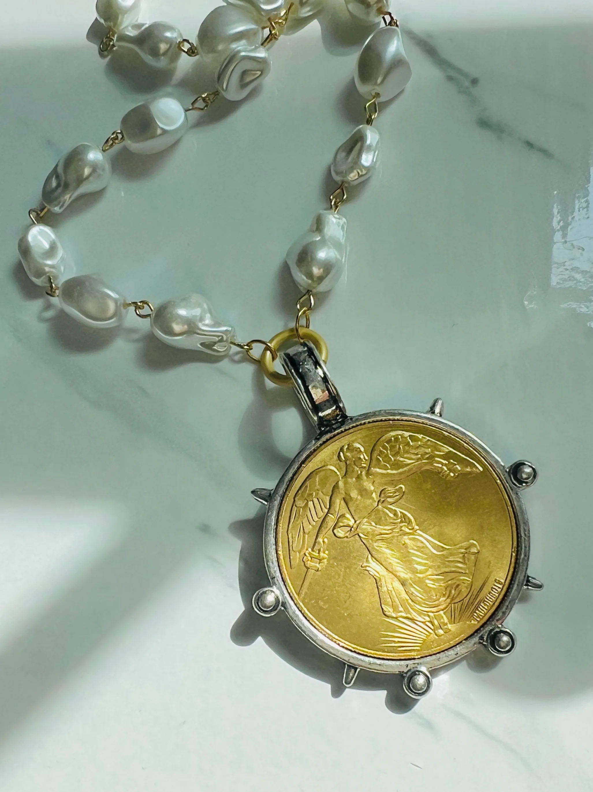 Large French Coin and Pearl Necklace
