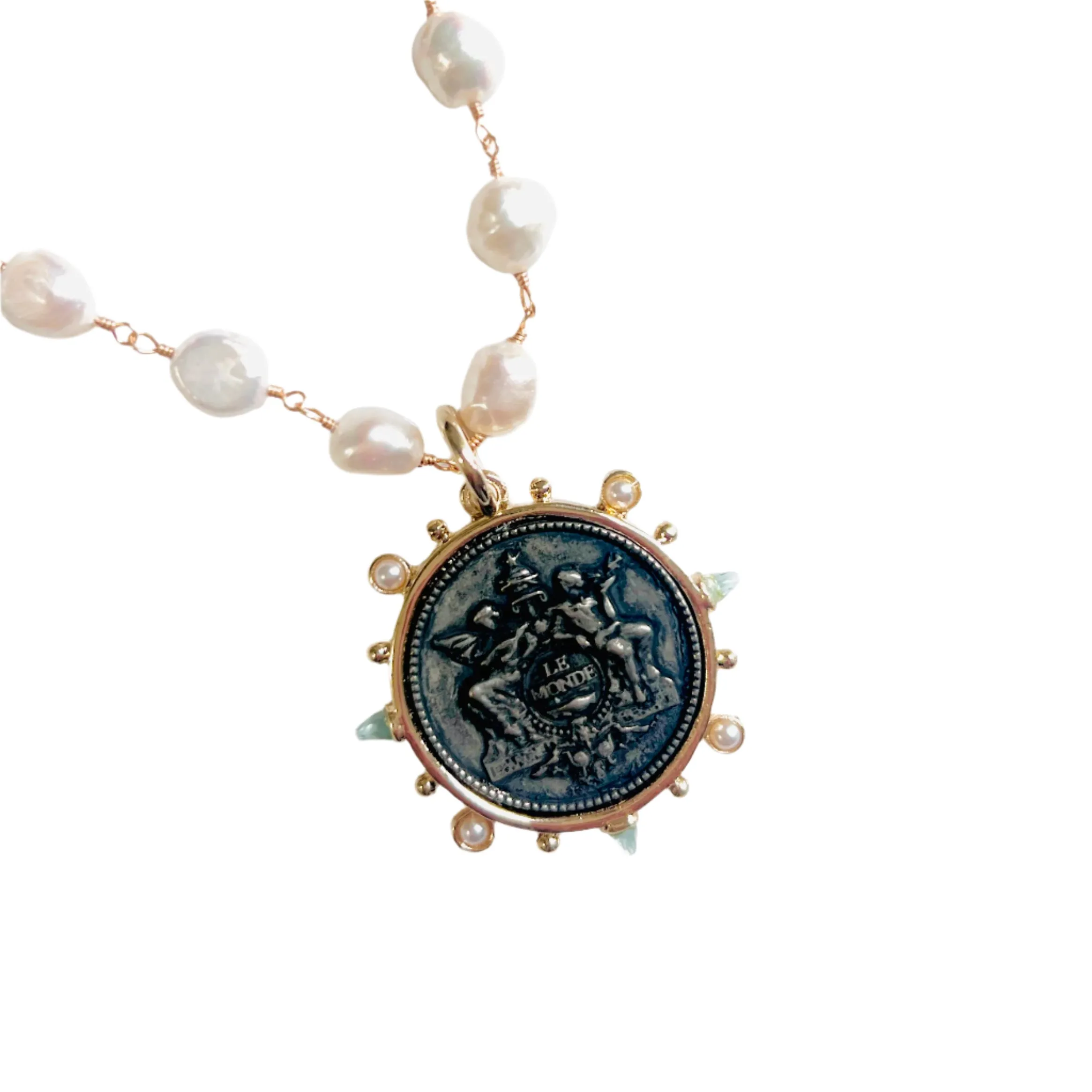 Le Monde Long French Coin and Freshwater Pearl Necklace