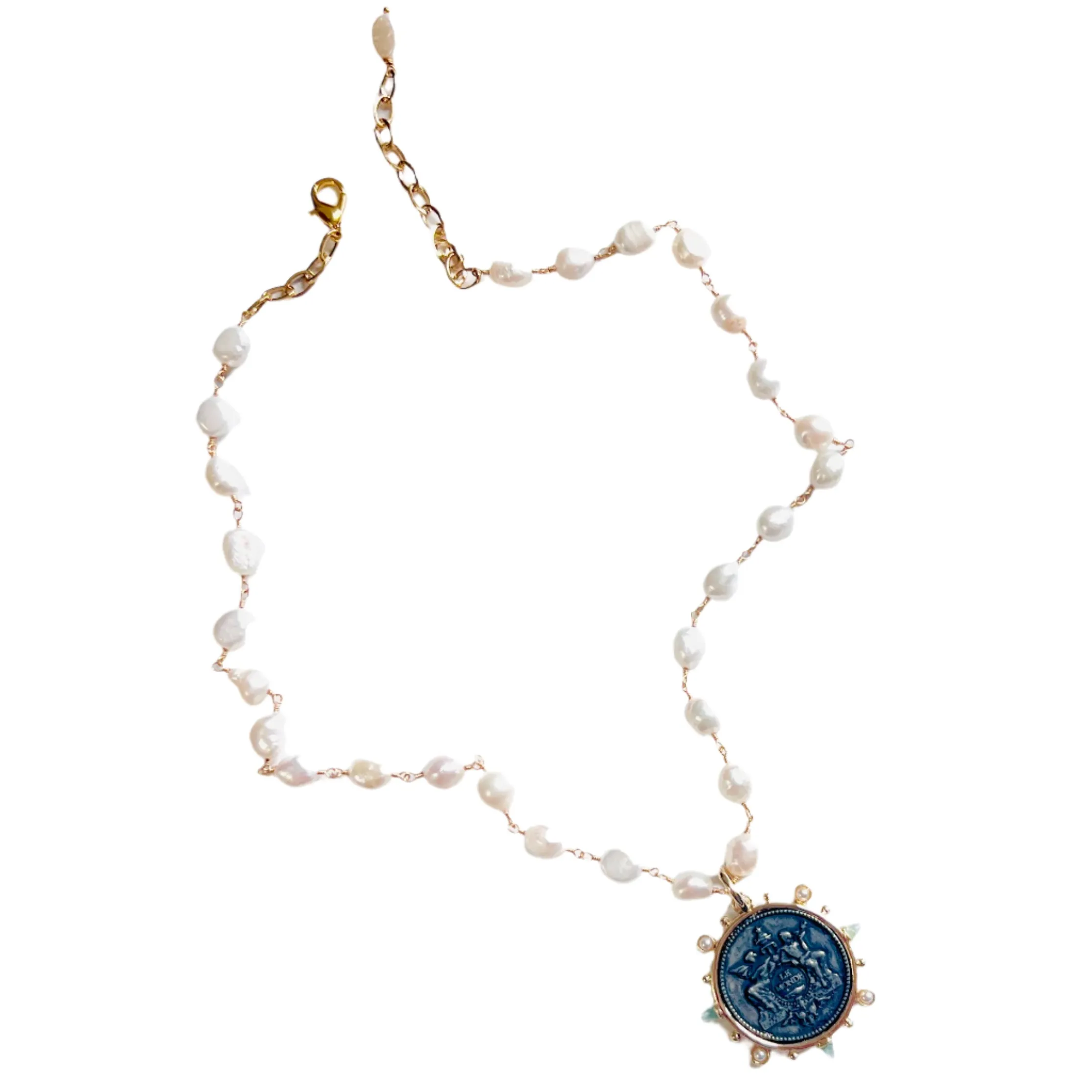 Le Monde Long French Coin and Freshwater Pearl Necklace