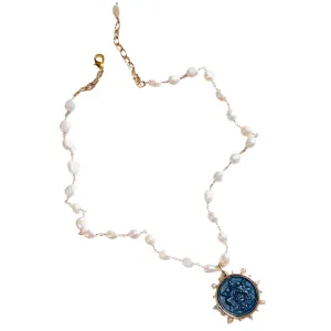 Le Monde Long French Coin and Freshwater Pearl Necklace