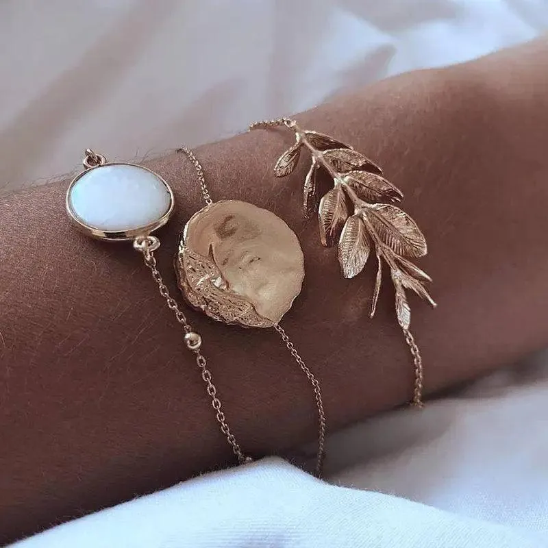 Luxruy Modern Bohemian Gold Color Moon Leaf Crystal Opal Open Bracelet Set for Women In Boho Beach Bangle Jewelry Style