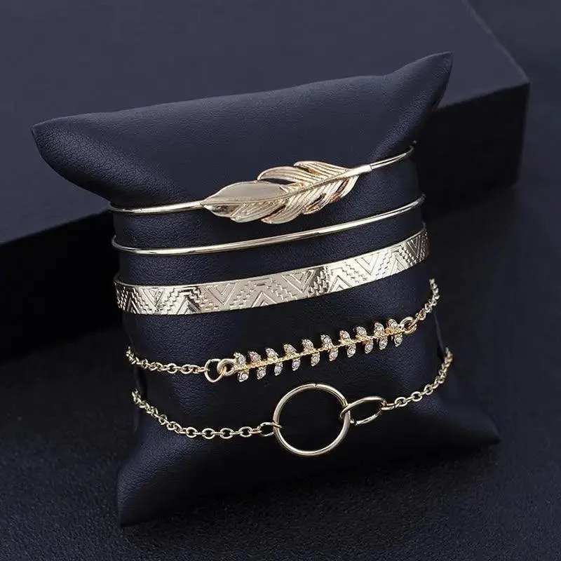Luxruy Modern Bohemian Gold Color Moon Leaf Crystal Opal Open Bracelet Set for Women In Boho Beach Bangle Jewelry Style